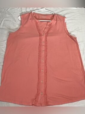 Lands' End Coral Lace-Trim Sleeveless Button-Down Top